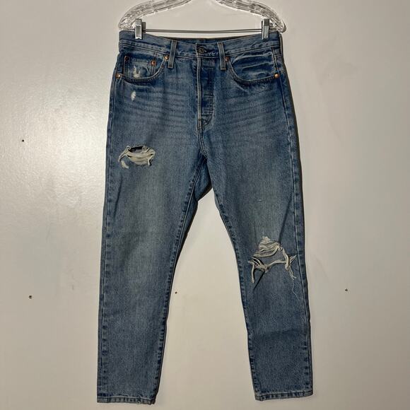 Levi’s 501 Premium Slim Skinny Ripped Button Up Blue Jeans Women’s Size 29x28 - Picture 1 of 8